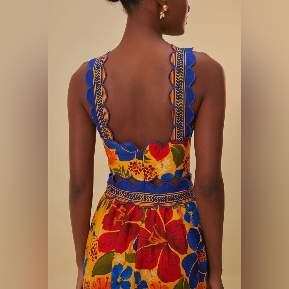 Farm Rio Floral Yard Linen-Blend Midi Dress - Picture 5 of 8